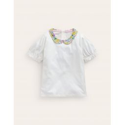 Short-sleeved Collared Top - Ivory Floral