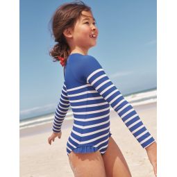 Long Sleeve Frilly Swimsuit - Sapphire Blue, Ivory Stripe