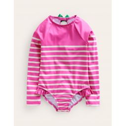 Long Sleeve Frilly Swimsuit - Pink, Ivory Stripe