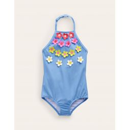 Halterneck Flutter Swimsuit - Blue Multi Flower