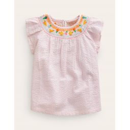 Embroidered Smocked Top - Sweet Pea / Ivory Stripe