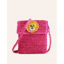 Cross-Body Straw Bag - Pink Lion Applique
