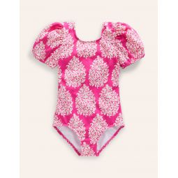 Printed Puff-sleeved Swimsuit - Pink Small Flower Stamp