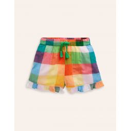 Frill Hem Woven Shorts - Bright Neon Multigingham