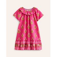 Frill Neck Woven Dress - Pink Small Woodblock