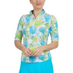 IBKUL Womens Paddy Print Ruched Elbow Length Sleeve Golf Top
