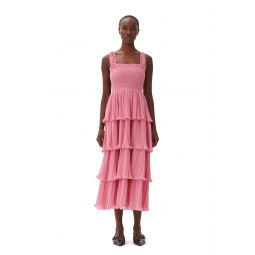 Pink Pleated Georgette Flounce Smock Midi Dress