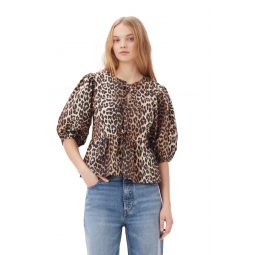 Leopard Cotton Poplin Peplum Tie Blouse