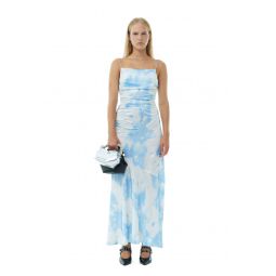 Blue Printed Satin Ruched Long Slip Dress