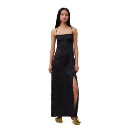 Black Crinkled Satin Midi Slip Dress