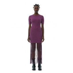 Purple Melange Knit Fringe Short Sleeve Mini Dress