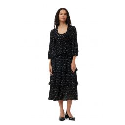 Black Pleated Georgette Flounce Smock Midi Dress