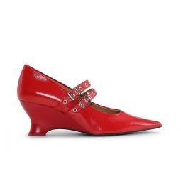 Red Eyelets Low Wedge Pumps