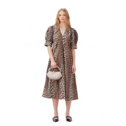 Leopard Cotton Poplin V-neck Maxi Dress