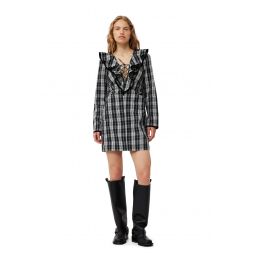 Checkered Cotton Ruffle V-neck Mini Dress