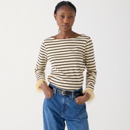 Feather-trim long-sleeve shirt in stripe