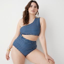 Cutout one-piece full-coverage swimsuit with buttons in navy stripe