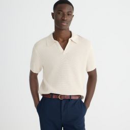 Short-sleeve cotton mesh-stitch johnny-collar sweater-polo