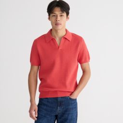Short-sleeve cotton mesh-stitch johnny-collar sweater-polo