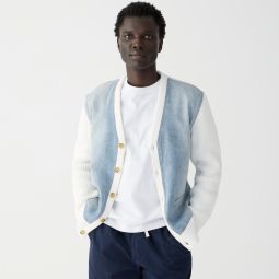 Cotton shaker-stitch cardigan sweater with denim panels