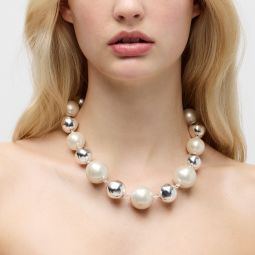 Oversized metallic ball and pearl necklace