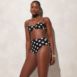High-rise full-coverage bikini bottom in reversible dot-stripe print