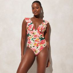 Ruched ruffle one-piece swimsuit in floral