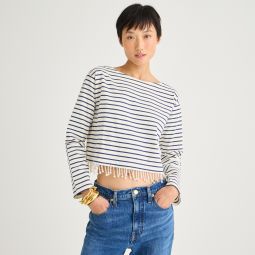 Pearl-fringe long-sleeve T-shirt in stripe