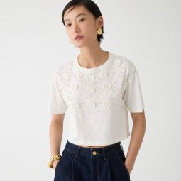 Cropped T-shirt with crochet floral appliquu0026eacute;s