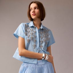 Collection cropped button-up shirt with embellishments in pinstripe print