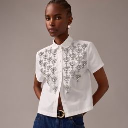 Collection cropped button-up shirt with embellishments in pinstripe print
