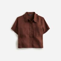 Ruffle-trim button-up shirt in linen