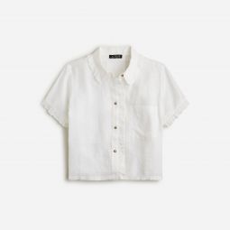 Ruffle-trim button-up shirt in linen