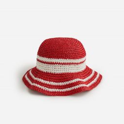 Round packable hat in striped faux raffia