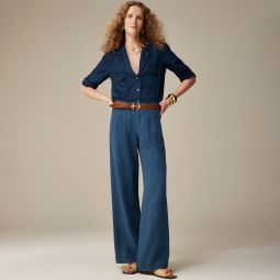 Pleated pull-on pant in indigo linen blend