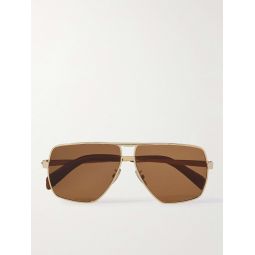 Aviator-Style Gold-Tone and Leather Sunglasses with Chain