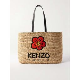 Large Embroidered Leather-Trimmed Raffia Tote Bag