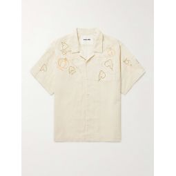 Camp-Collar Embroidered Cotton and Linen-Blend Shirt