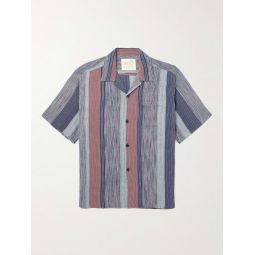 Camp-Collar Embroidered Striped Cotton Shirt