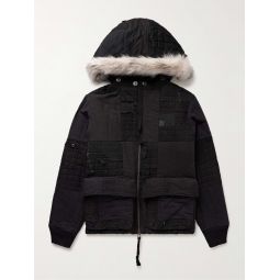 Faux Fur-Trimmed Distressed Patchwork Cotton-Blend Hooded Jacket