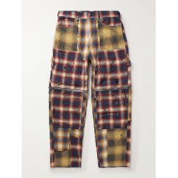 Straight-Leg Convertible Distressed Checked Cotton-Flannel Trousers