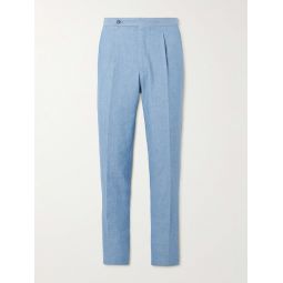 Straight-Leg Pleated Cotton-Chambray Trousers