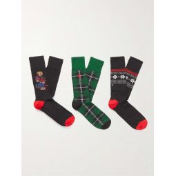 Three-Pack Intarsia Stretch Cotton-Blend Socks