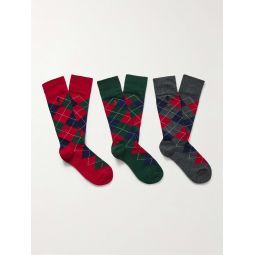 Set of Three Argyle Cotton-Blend Jacquard Socks