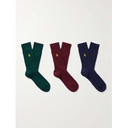 Three-Pack Logo-Embroidered Ribbed Cotton-Blend Socks