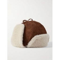 Shearling-Lined Logo-Embossed Perforated Suede Trapper Cap