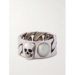 Skull Burnished Silver-Tone Faux Pearl Ring