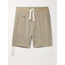 Wide-Leg Striped Waxed-Linen Drawstring Shorts