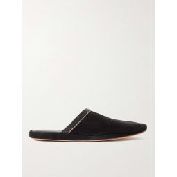 Striped Leather-Trimmed Suede Slippers
