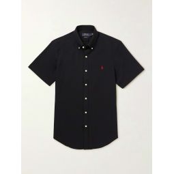 Slim-Fit Button-Down Collar Logo-Embroidered Cotton-Blend Poplin Shirt